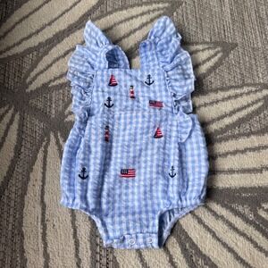 Mud Pie Baby Girl Nautical Patriotic Bubble Seersucker Gingham Romper Size 0-3M